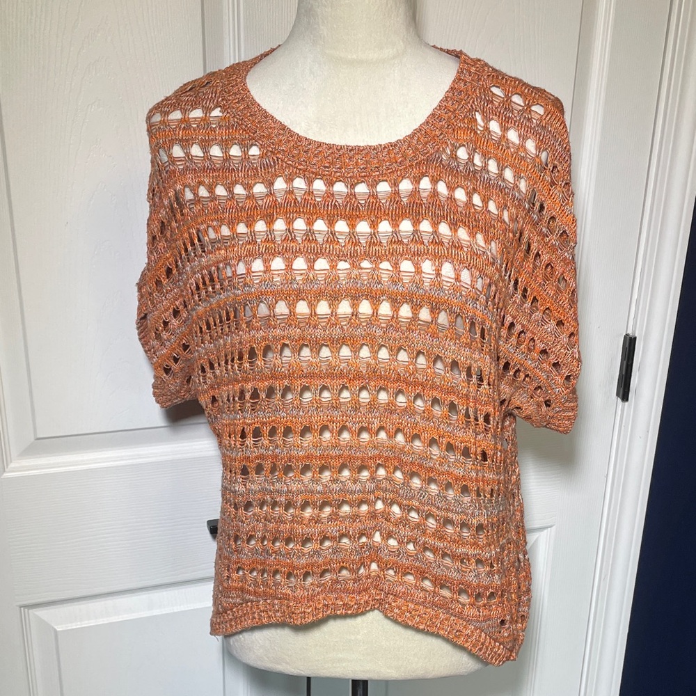 Take Out (brand) Open Weave Orange Brown White Short Sleeve Sweater